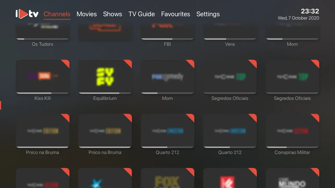iPlayTV:n Apple TV -version kanavanäkymä ja yläreunan valikko.