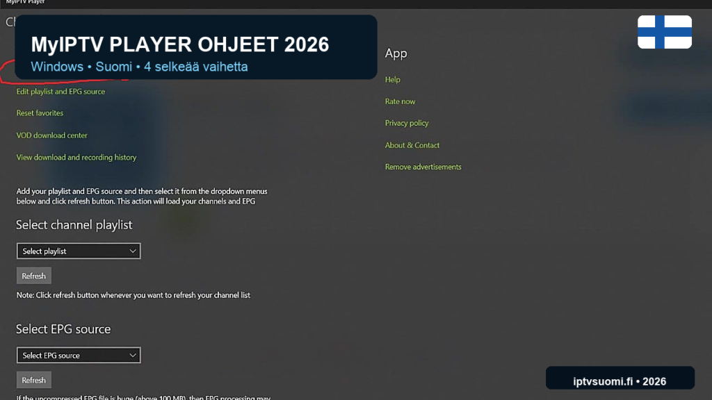 MyIPTV Player ohjeet 2026 Windowsille Suomessa