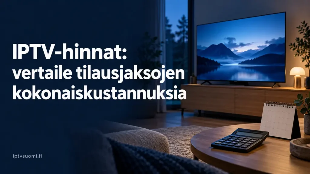 IPTV hinta ja tilausjaksojen kokonaiskustannusten vertailu: televisio, laskin ja kalenteri pohjoismaisessa olohuoneessa